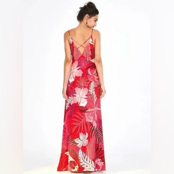 Farm Rio Philipa Maxi Dress Red Tropical Floral Palm Leaf Print Boho - Picture 3 of 13